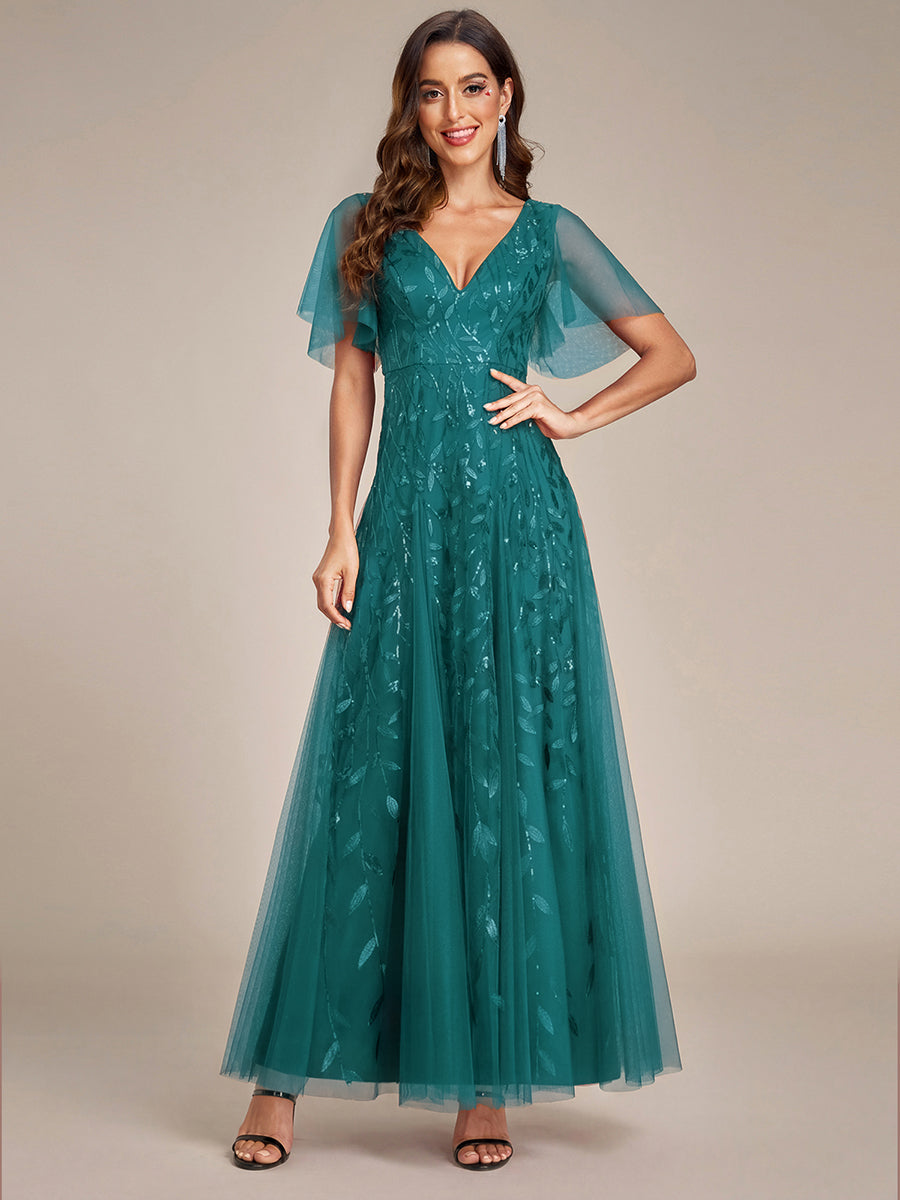 Elegant Ruffle Sleeves Maxi Sequin Mother of the Bride Dress #color_Teal