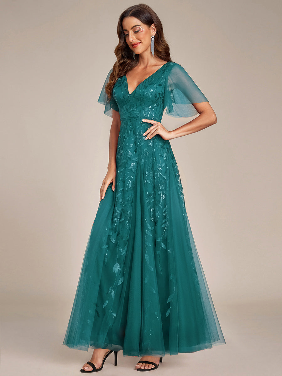 Shimmery V Neck Ruffle Sleeves Sequin Maxi Long Evening Dress #color_Teal