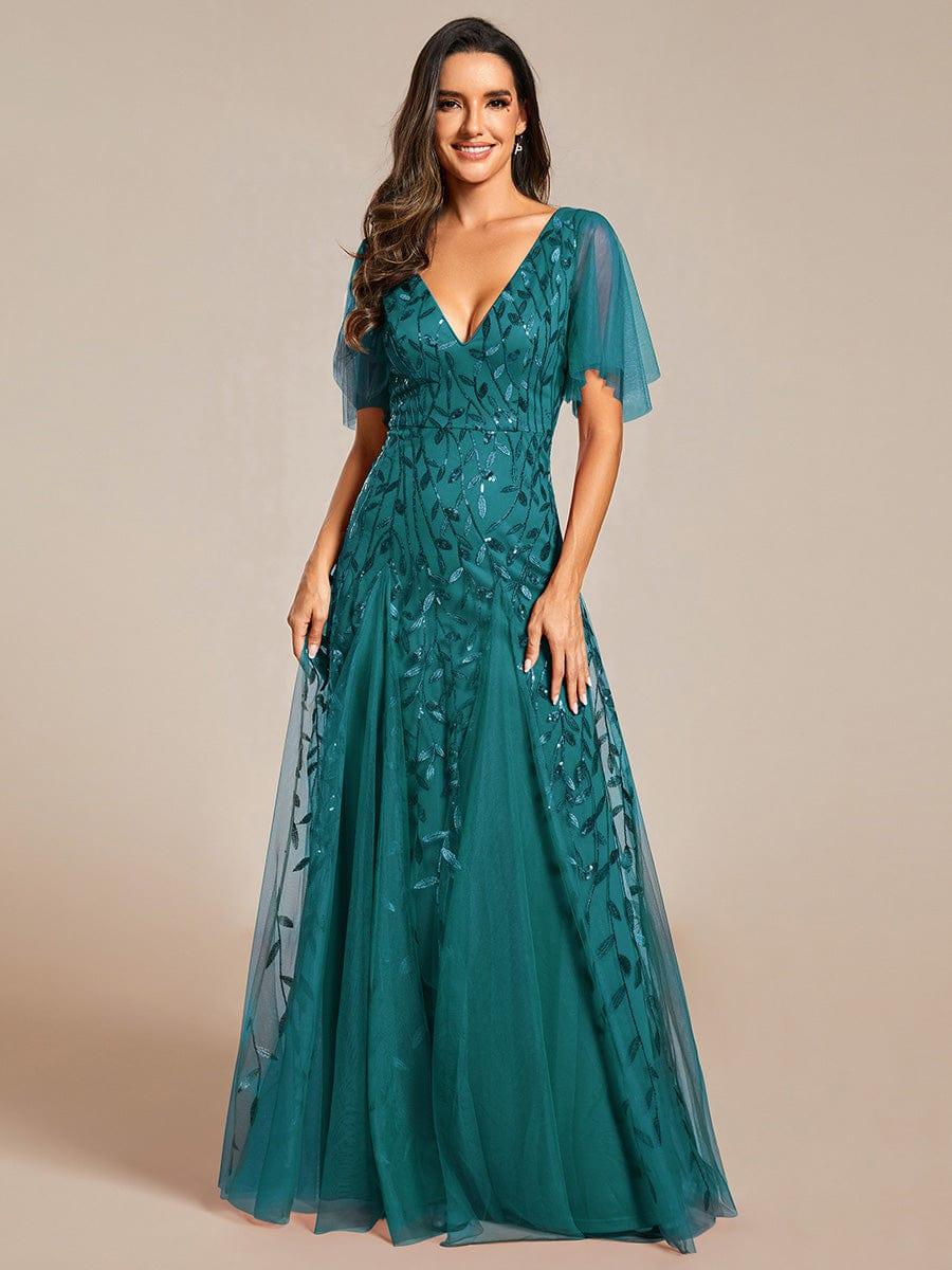 Elegant Ruffle Sleeves Maxi Sequin Mother of the Bride Dress #color_Teal