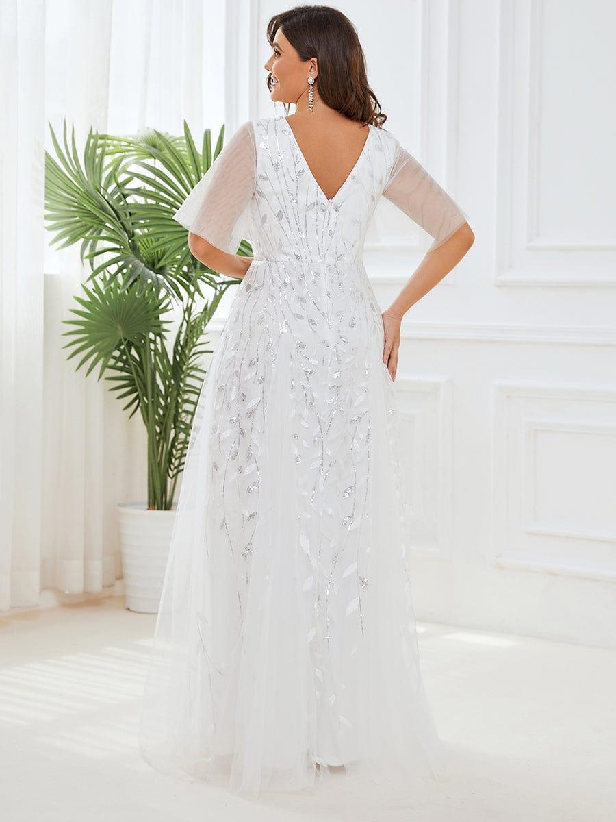 Elegant Ruffle Sleeves Maxi Sequin Mother of the Bride Dress #color_White