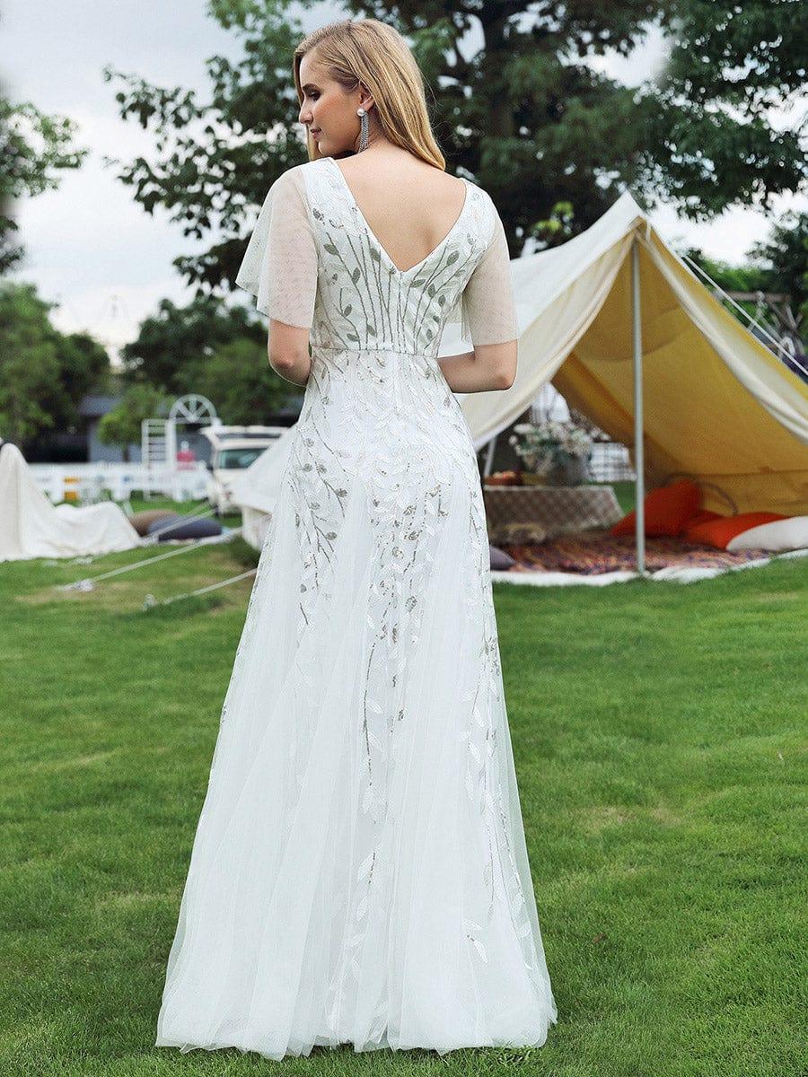 Elegant Ruffle Sleeves Maxi Sequin Mother of the Bride Dress #color_White