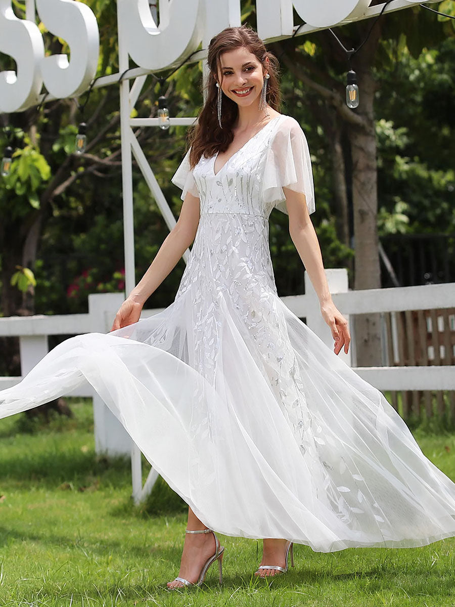 Shimmery V Neck Ruffle Sleeves Sequin Maxi Long Evening Dress #color_White