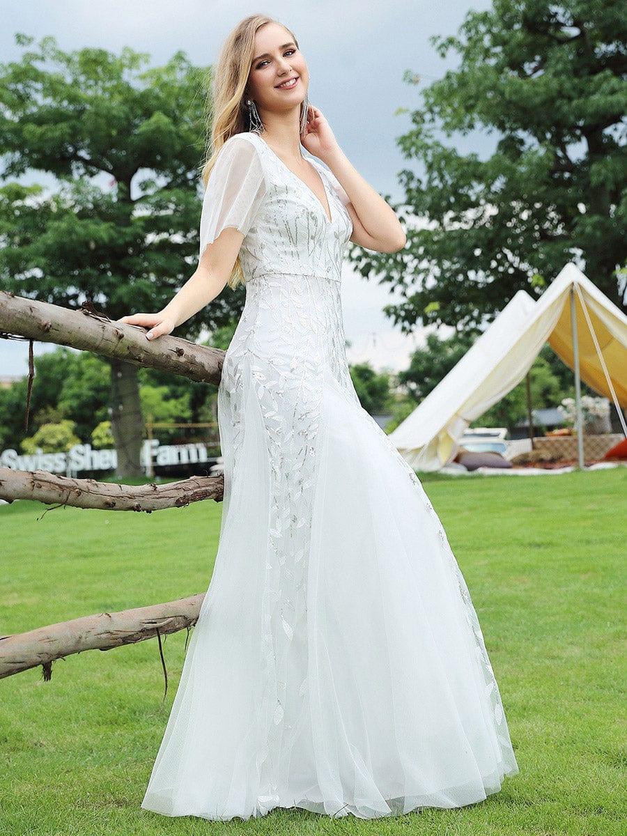 Elegant Ruffle Sleeves Maxi Sequin Mother of the Bride Dress #color_White