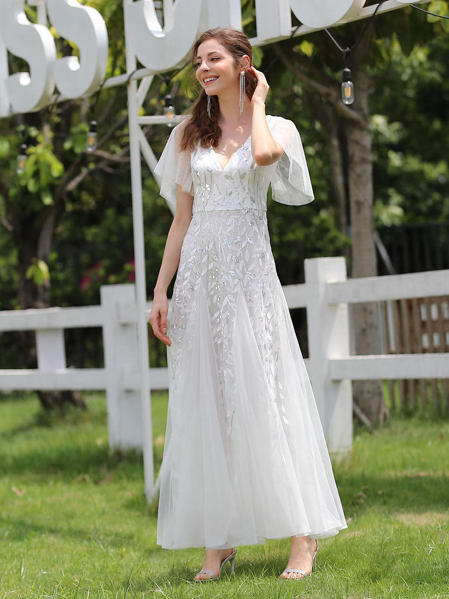 Shimmery V Neck Ruffle Sleeves Sequin Maxi Long Evening Dress #color_White