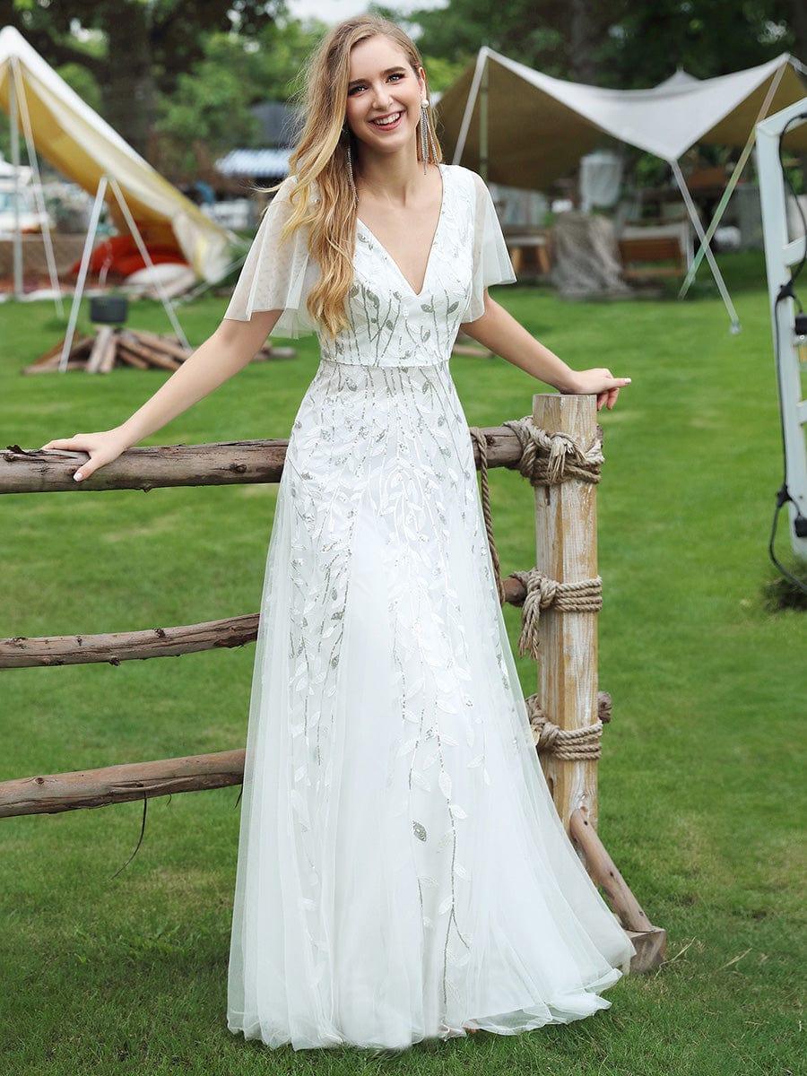 Elegant Ruffle Sleeves Maxi Sequin Mother of the Bride Dress #color_White