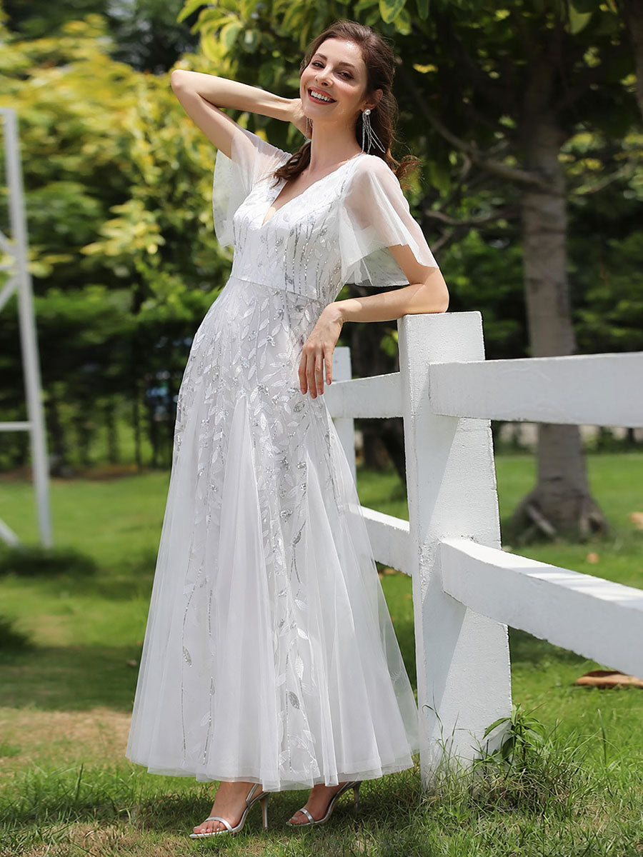 Elegant Ruffle Sleeves Maxi Sequin Mother of the Bride Dress #color_White