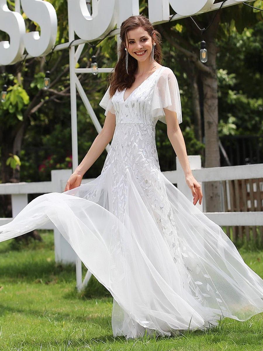 Elegant Ruffle Sleeves Maxi Sequin Mother of the Bride Dress #color_White