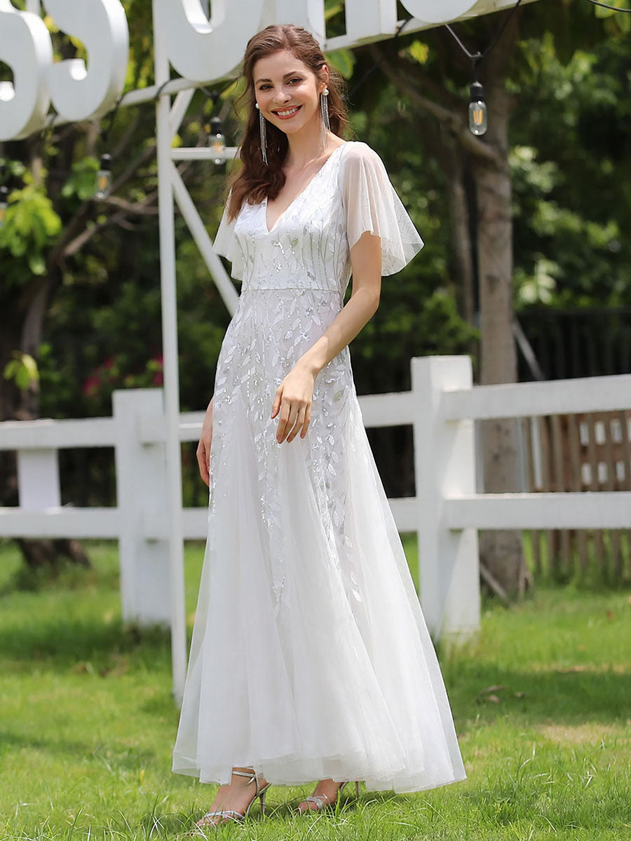 Shimmery V Neck Ruffle Sleeves Sequin Maxi Long Evening Dress #color_White
