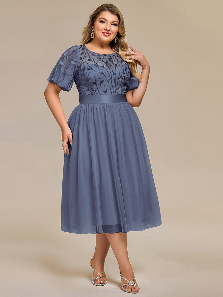 Sequin Leaf Mesh Midi Party Dress #color_Dusty Blue