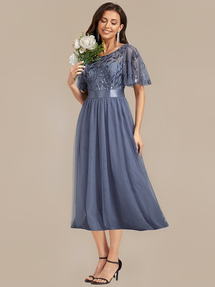 Sequin Leaf Mesh Midi Party Dress #color_Dusty Blue