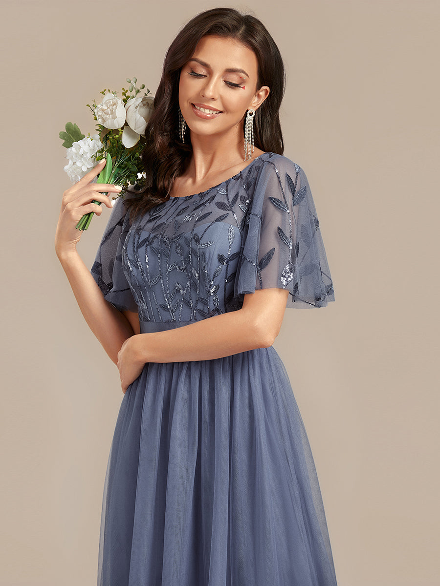 Sequin Leaf Mesh Midi Party Dress #color_Dusty Blue