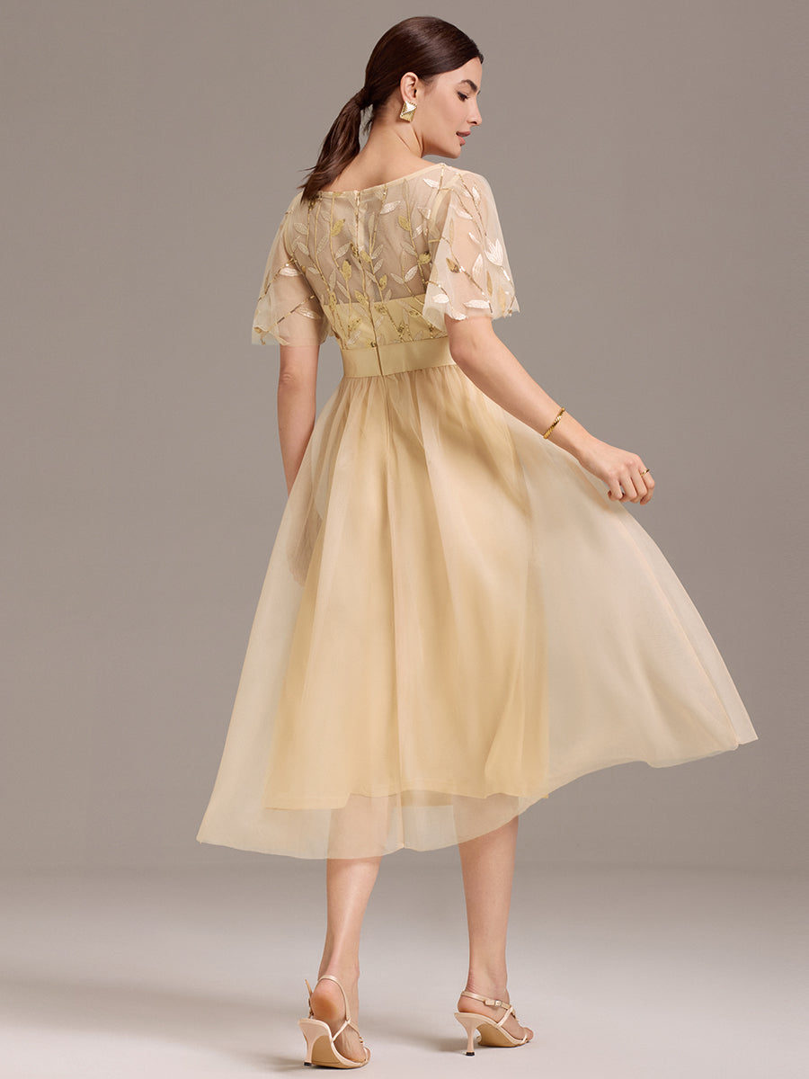 Sequin Leaf Mesh Midi Party Dress #color_Gold