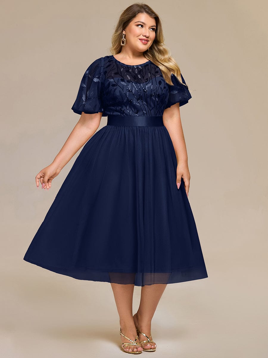 Plus Size Sequin Leaf Midi Evening Dresses #color_Navy Blue