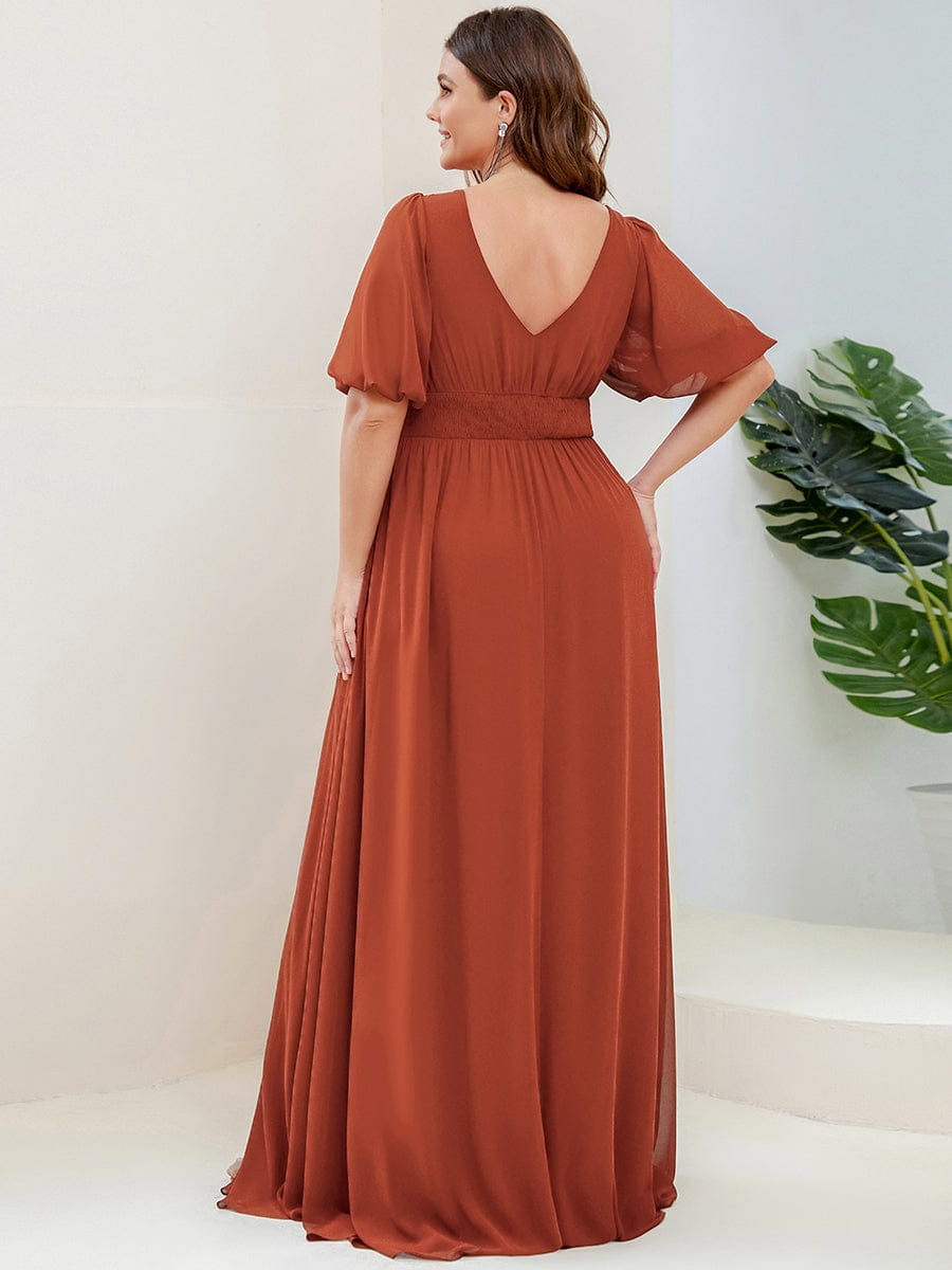 Plus Size V-Neck Front Slit Chiffon Evening Dress #Color_Burnt Orange