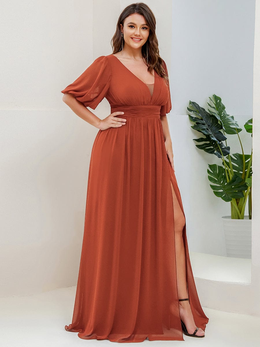 Plus Size V-Neck Front Slit Chiffon Evening Dress #Color_Burnt Orange