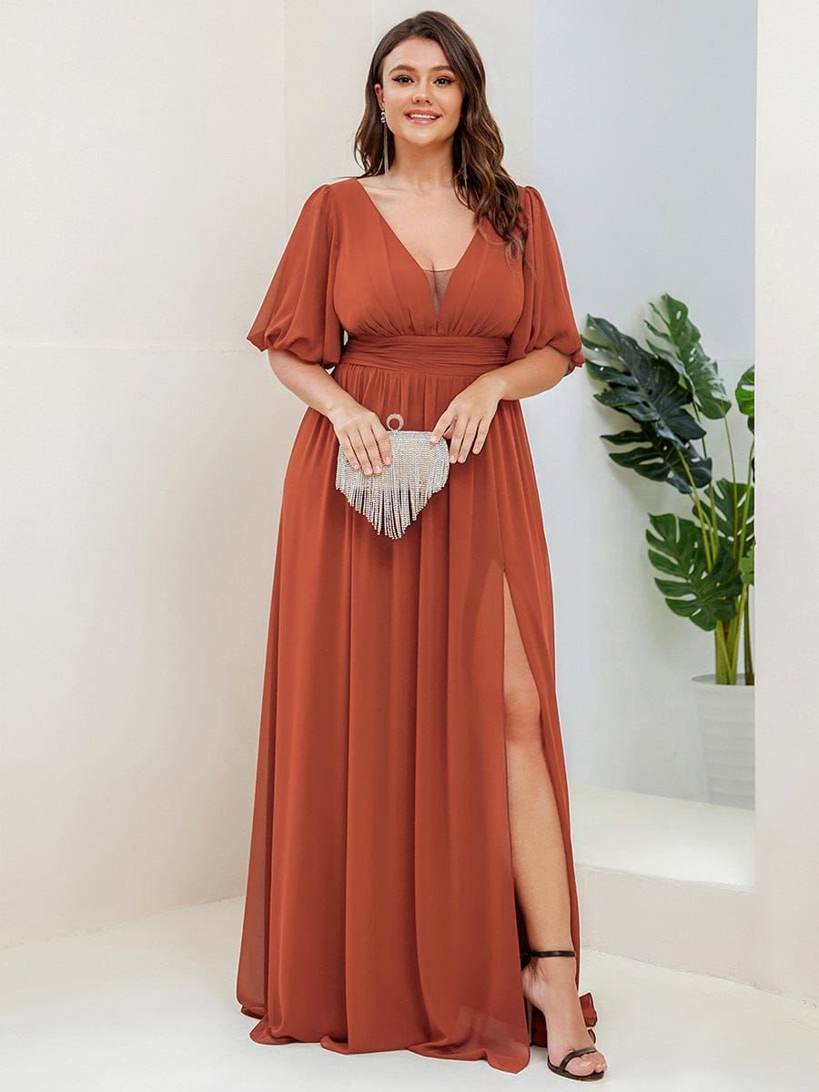 Plus Size V-Neck Front Slit Chiffon Evening Dress #Color_Burnt Orange