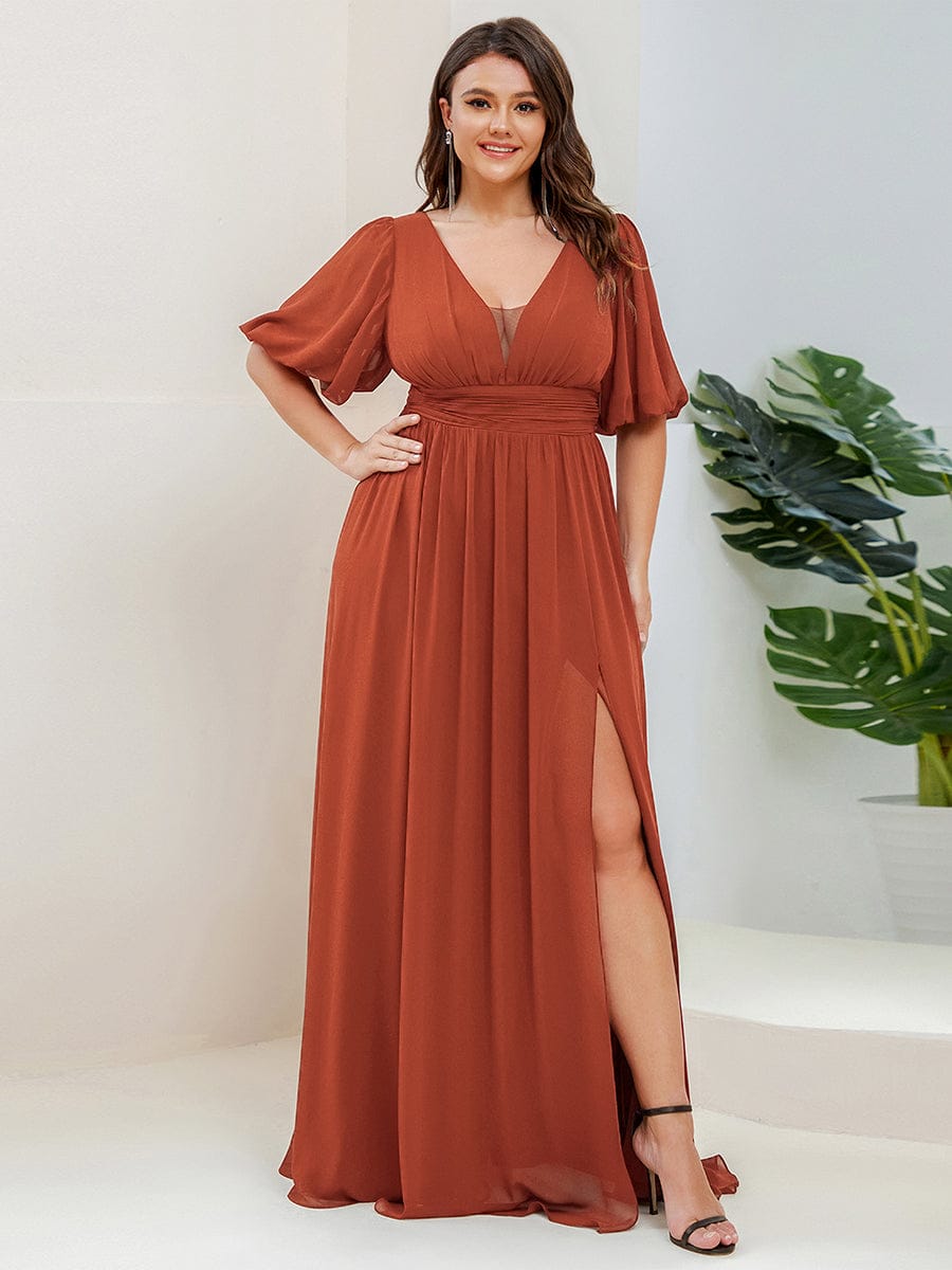 Plus Size V-Neck Front Slit Chiffon Evening Dress #Color_Burnt Orange