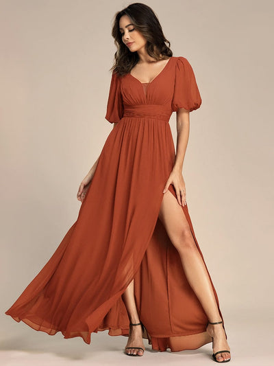 Chiffon Illusion V-Neck Flutter Sleeve Front Slit Evening Dress #Color_Burnt Orange
