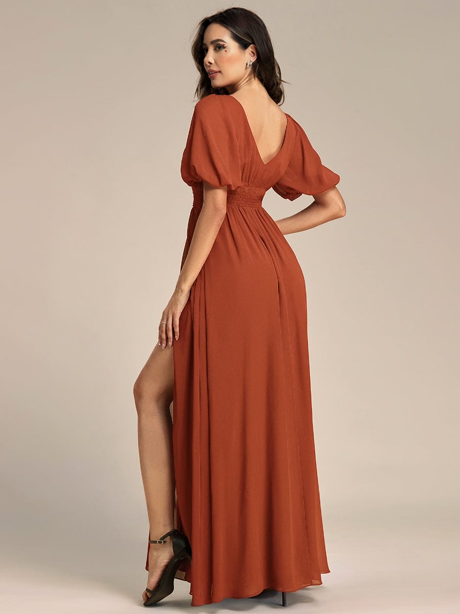 Chiffon Illusion V-Neck Flutter Sleeve Front Slit Evening Dress #Color_Burnt Orange