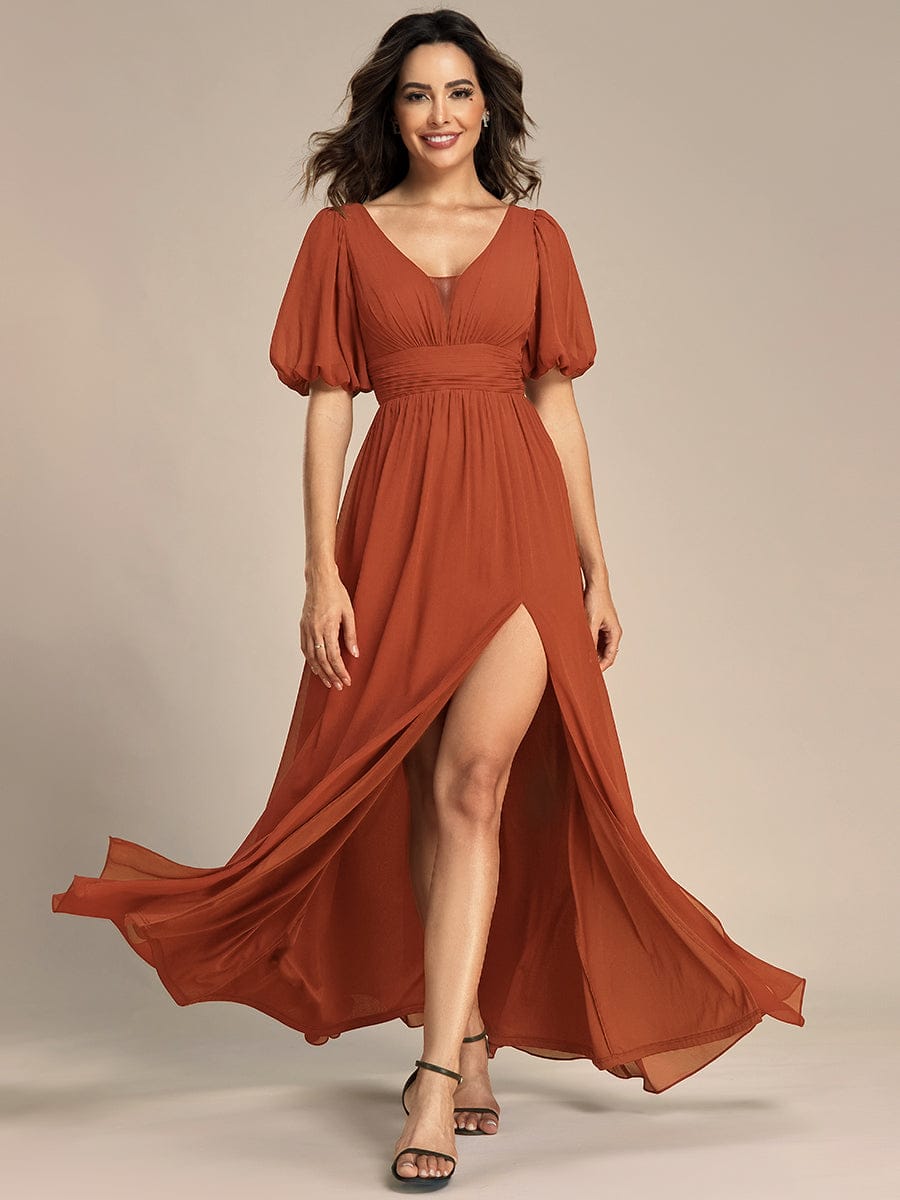 Chiffon Illusion V-Neck Flutter Sleeve Front Slit Evening Dress #Color_Burnt Orange
