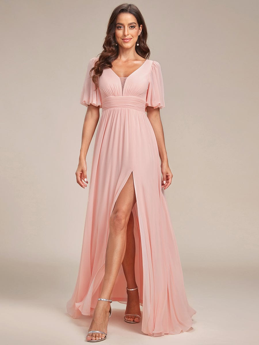 Chiffon Illusion V-Neck Flutter Sleeve Front Slit Evening Dress #Color_Burnt Orange