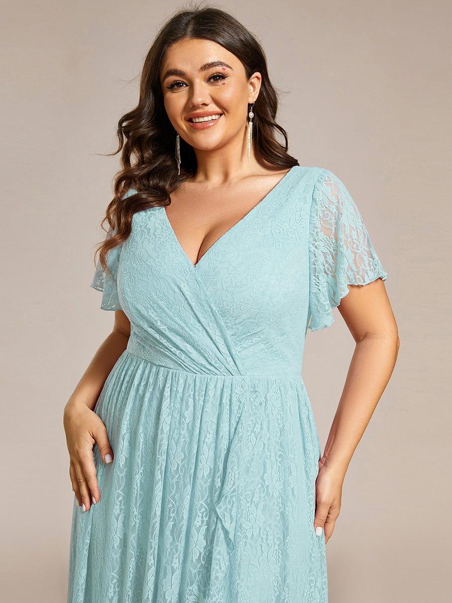 High-Low V-Neck Ruffled Lace Wedding Guest Dress #color_Sky Blue