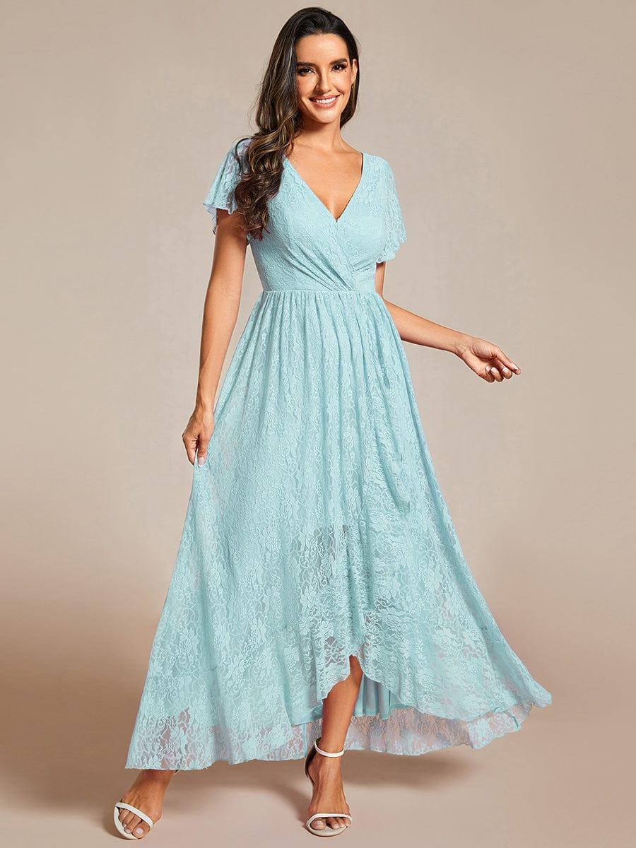 High-Low V-Neck Ruffled Lace Wedding Guest Dress #color_Sky Blue