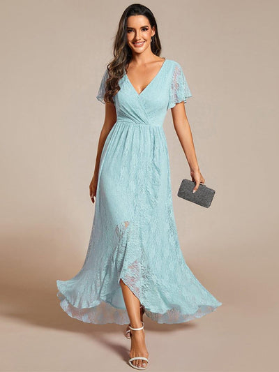 High-Low V-Neck Ruffled Lace Wedding Guest Dress #color_Sky Blue
