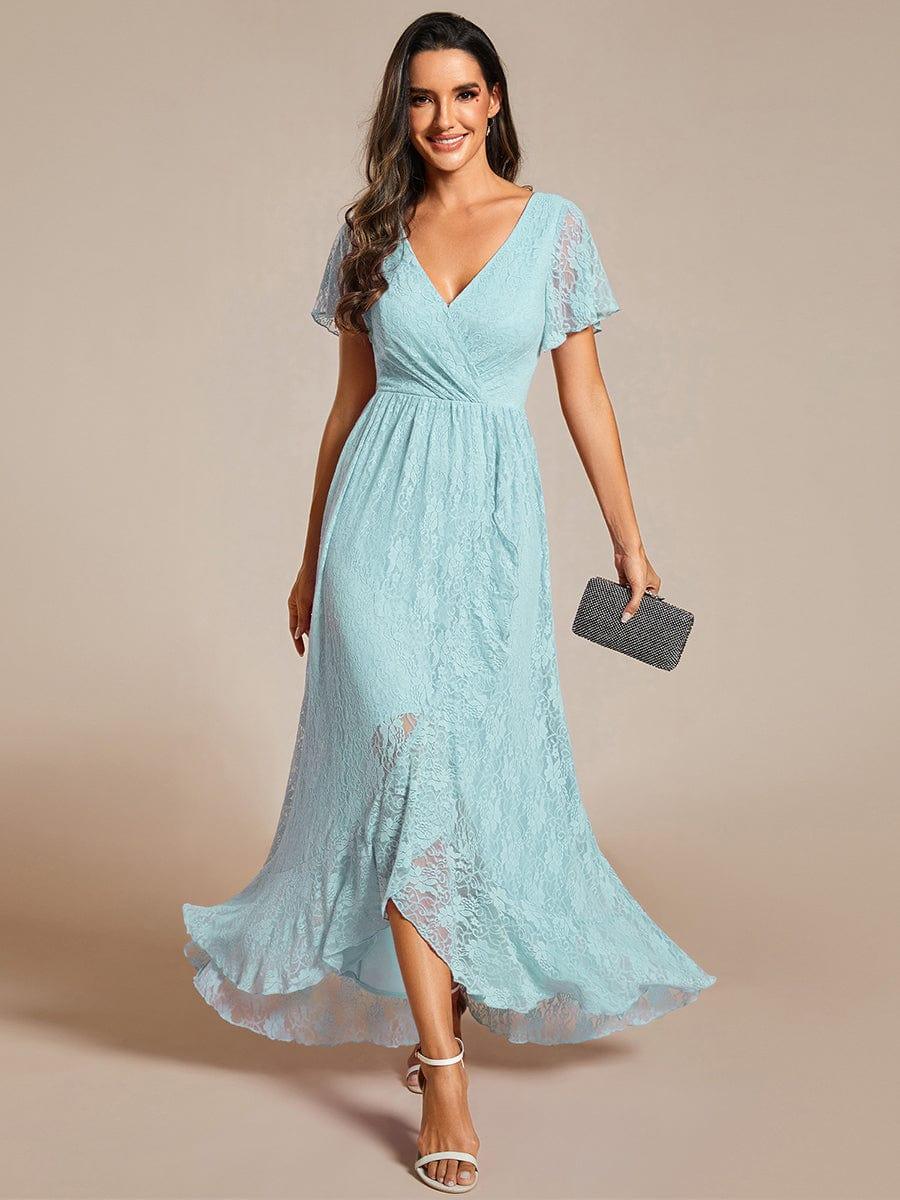 High-Low V-Neck Ruffled Lace Wedding Guest Dress #color_Sky Blue