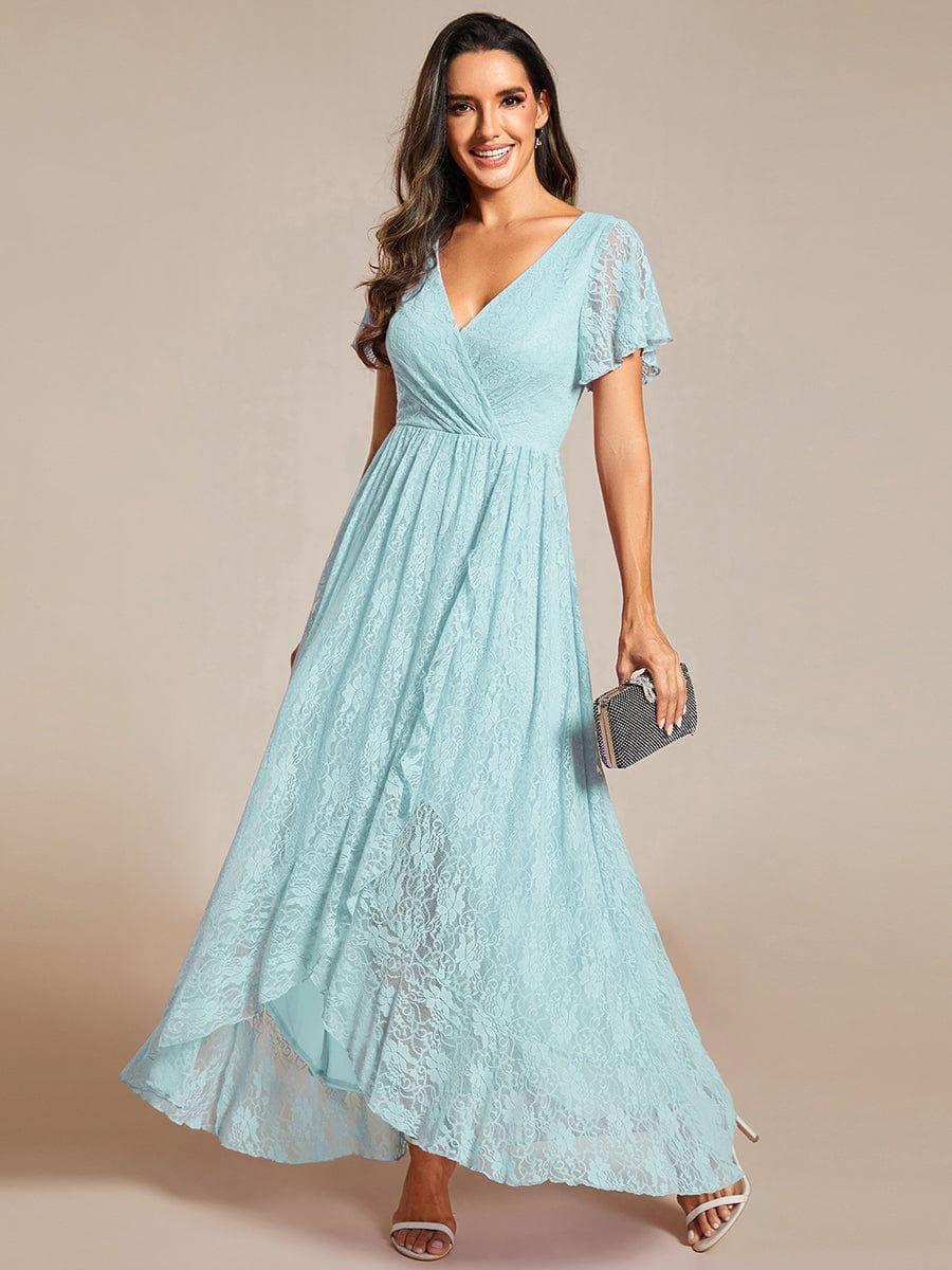 High-Low V-Neck Ruffled Lace Wedding Guest Dress #color_Sky Blue