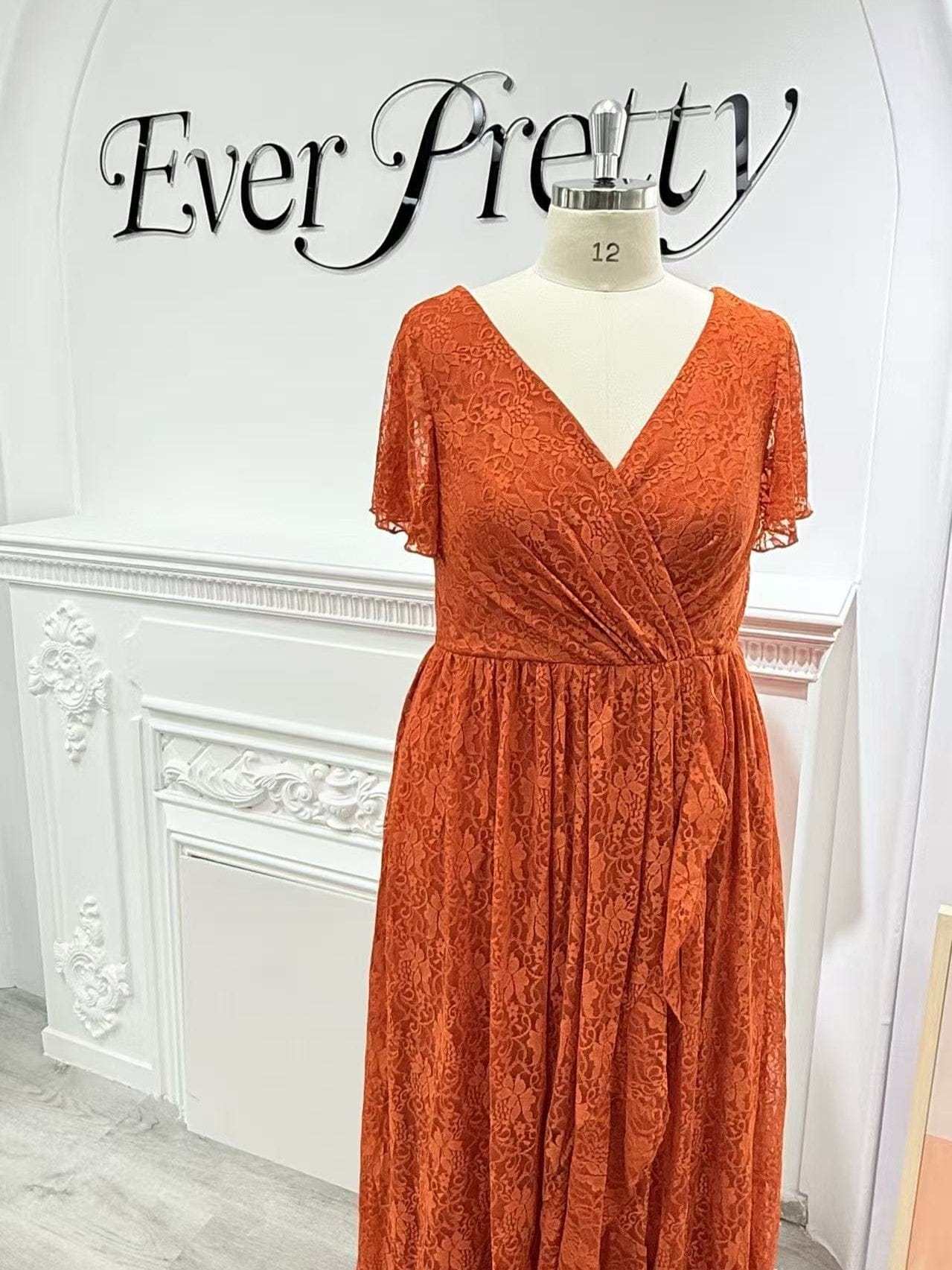 Pleated V-Neck Short Sleeve Ruffled Lace Evening Dress #color_Burnt Orange