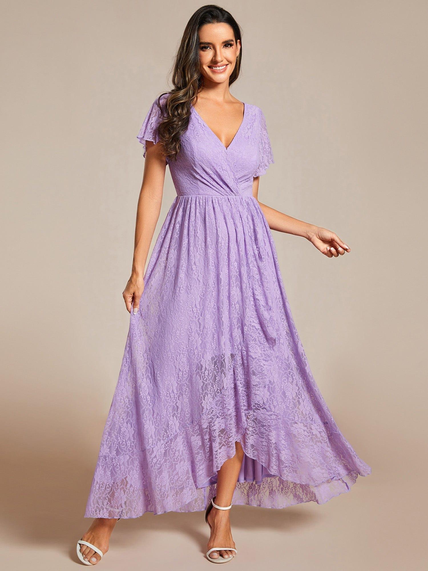 High-Low V-Neck Ruffled Lace Wedding Guest Dress #color_Lavender