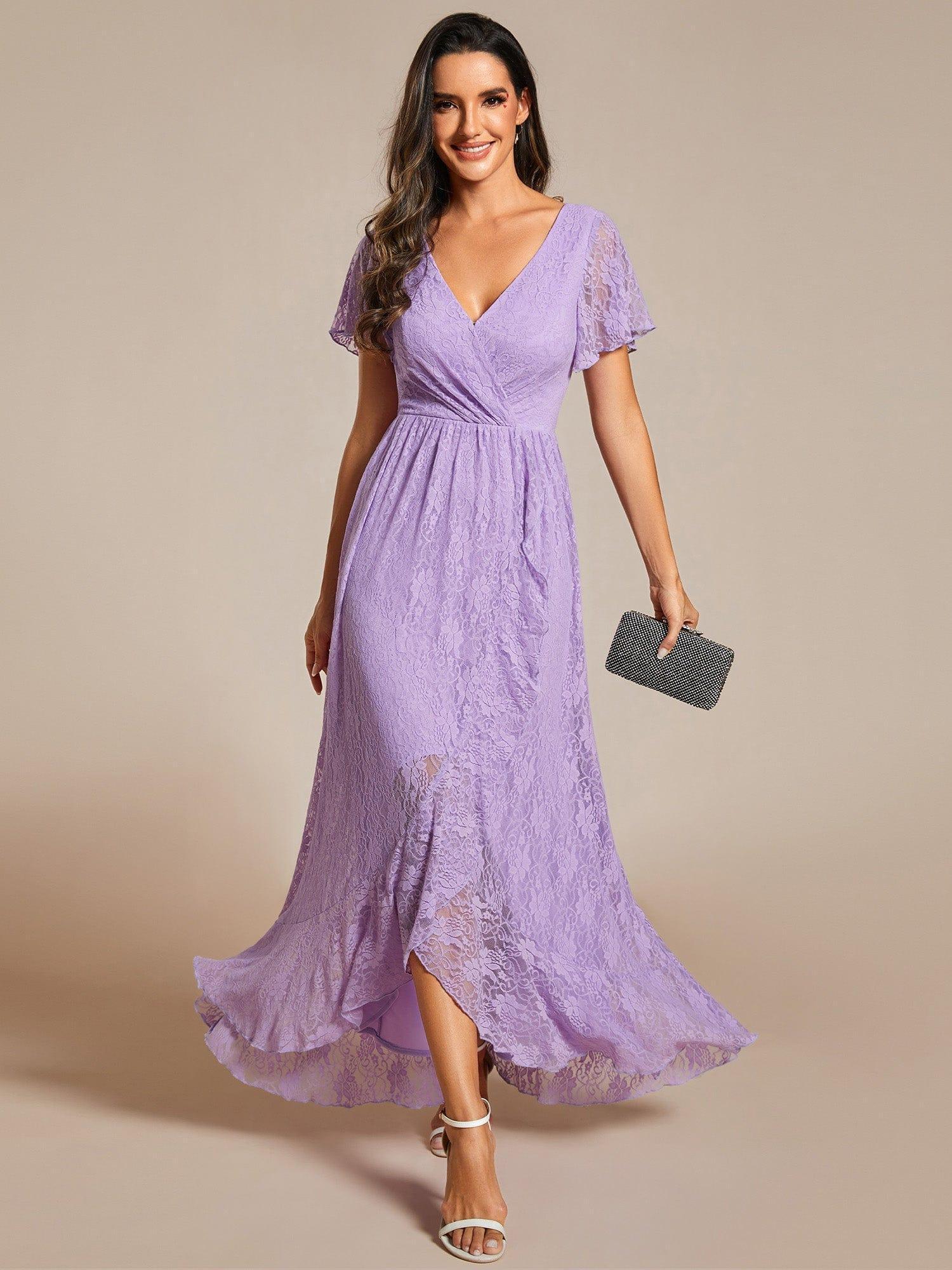 High-Low V-Neck Ruffled Lace Wedding Guest Dress #color_Lavender