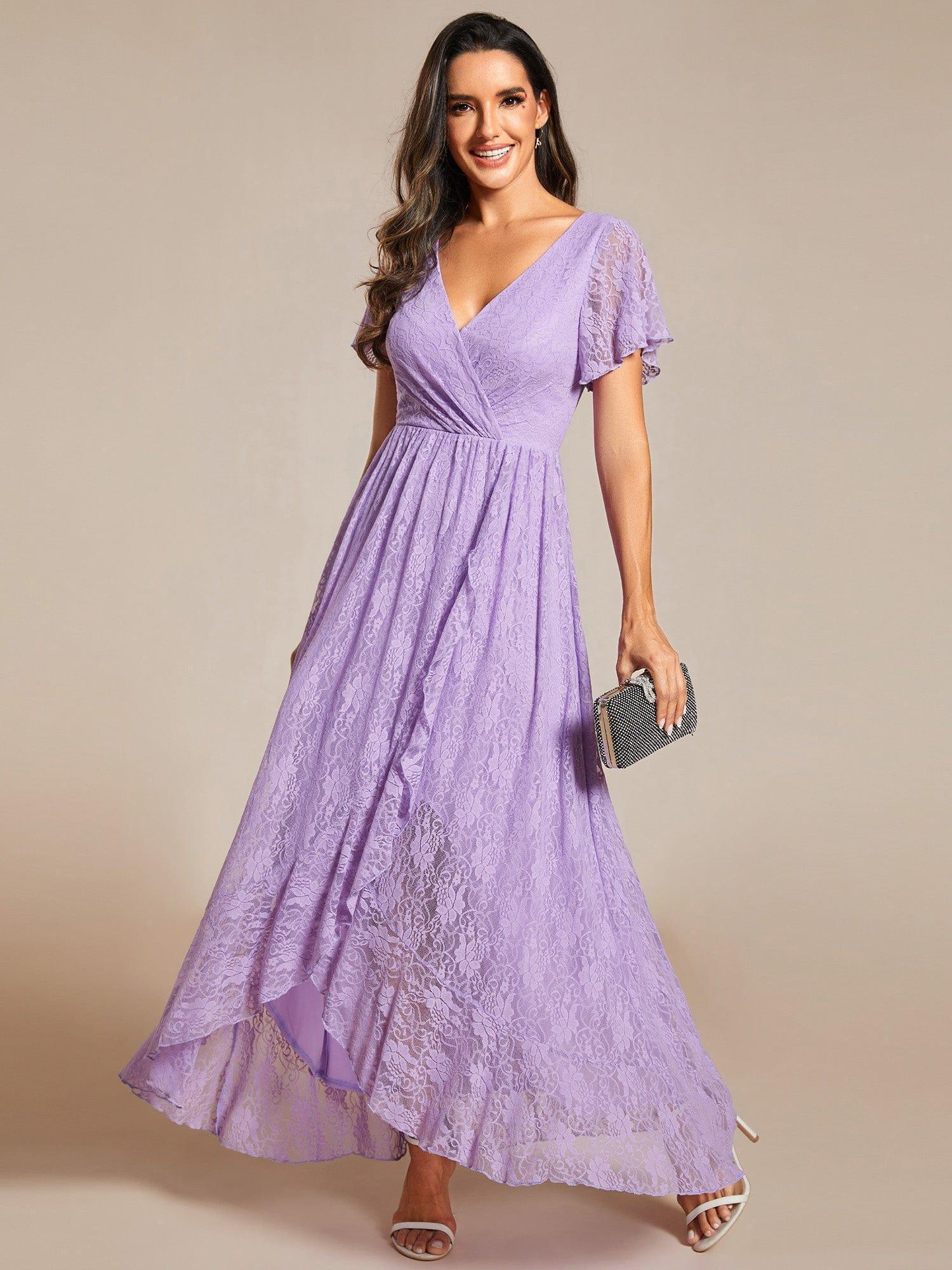 High-Low V-Neck Ruffled Lace Wedding Guest Dress #color_Lavender