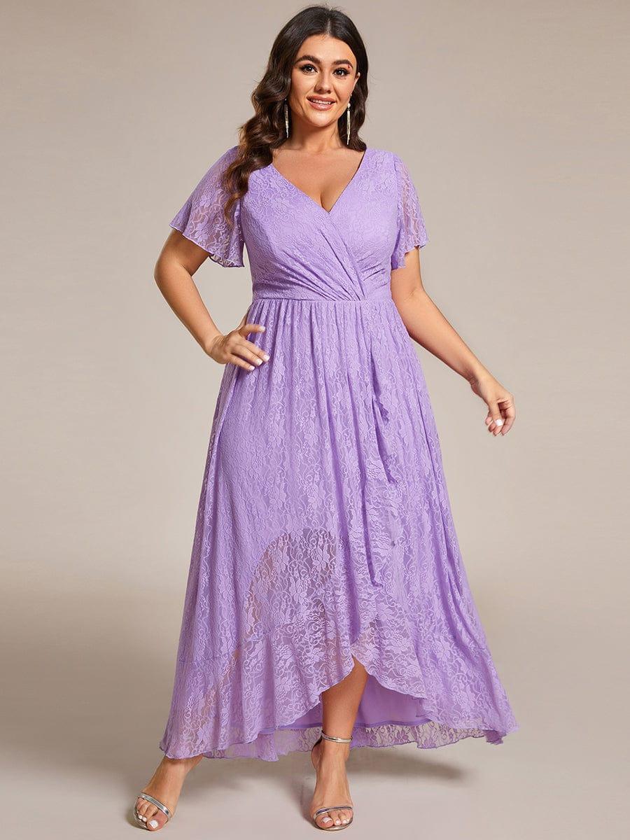 High-Low V-Neck Ruffled Lace Wedding Guest Dress #color_Lavender