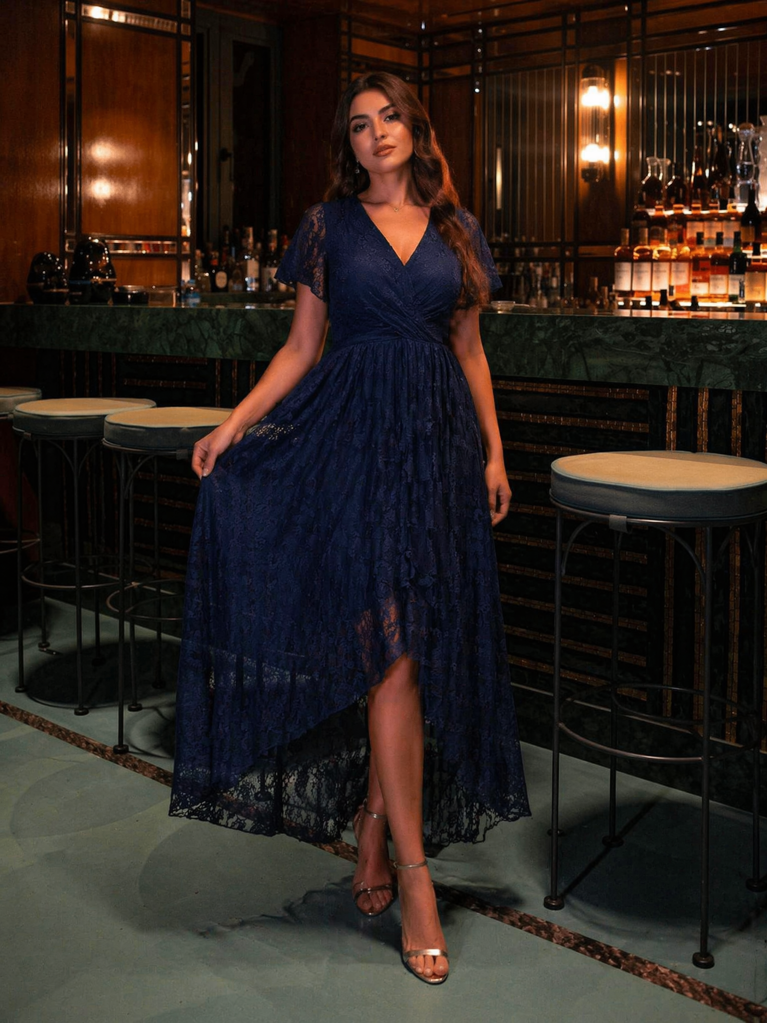 Pleated V-Neck Short Sleeve Ruffled Lace Evening Dress #color_Navy Blue