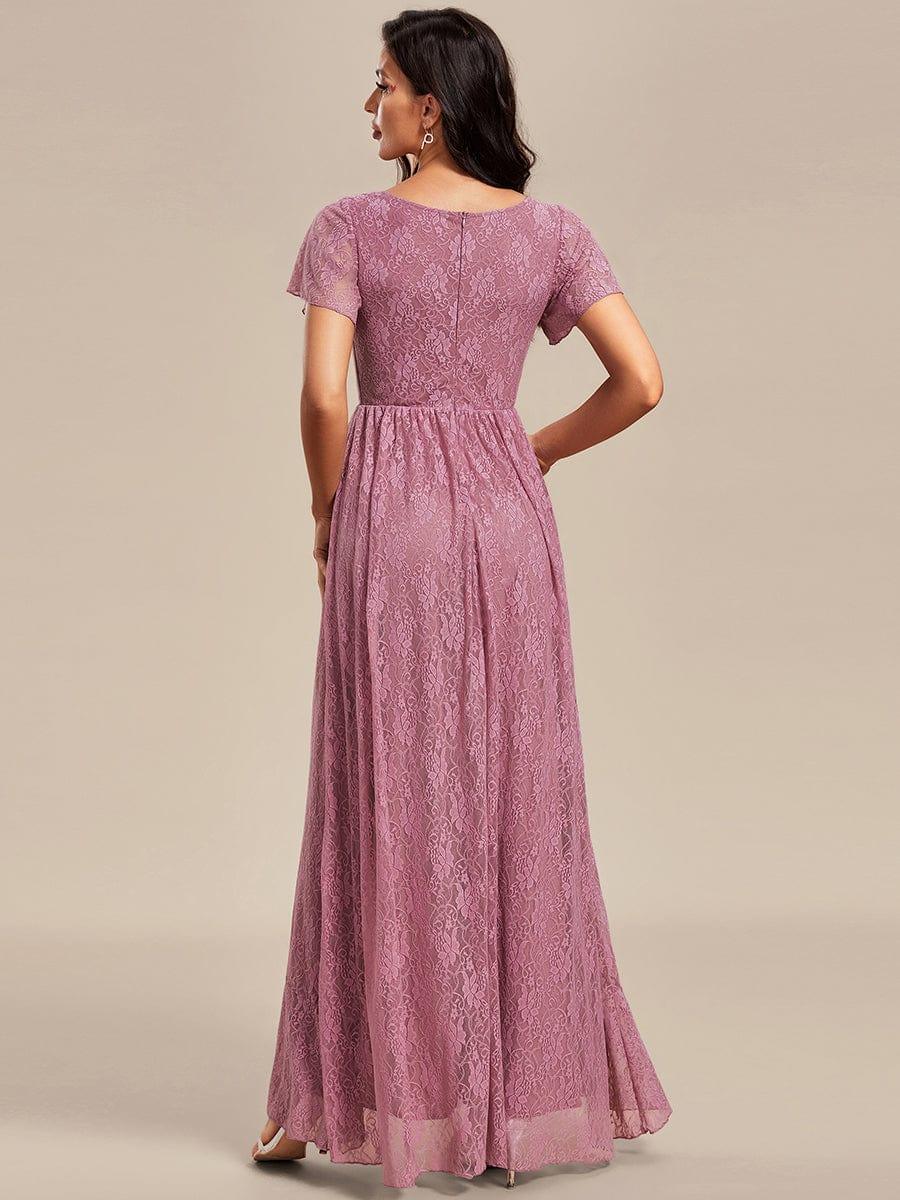 High-Low V-Neck Ruffled Lace Wedding Guest Dress #color_Purple Orchid