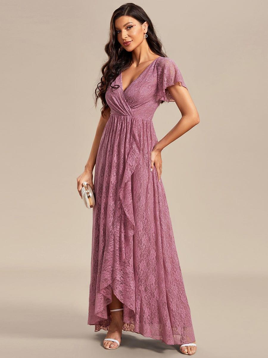 High-Low V-Neck Ruffled Lace Wedding Guest Dress #color_Purple Orchid