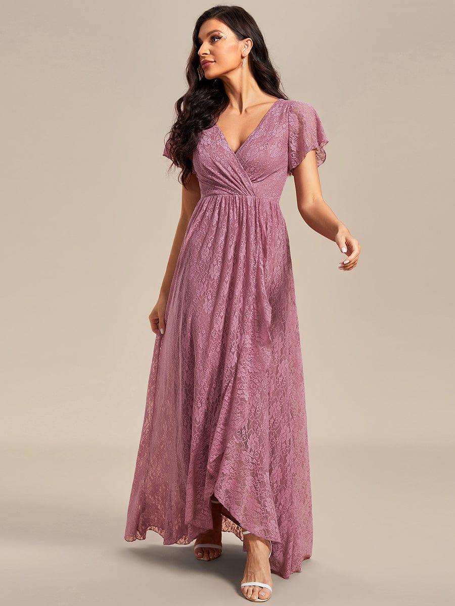 High-Low V-Neck Ruffled Lace Wedding Guest Dress #color_Purple Orchid