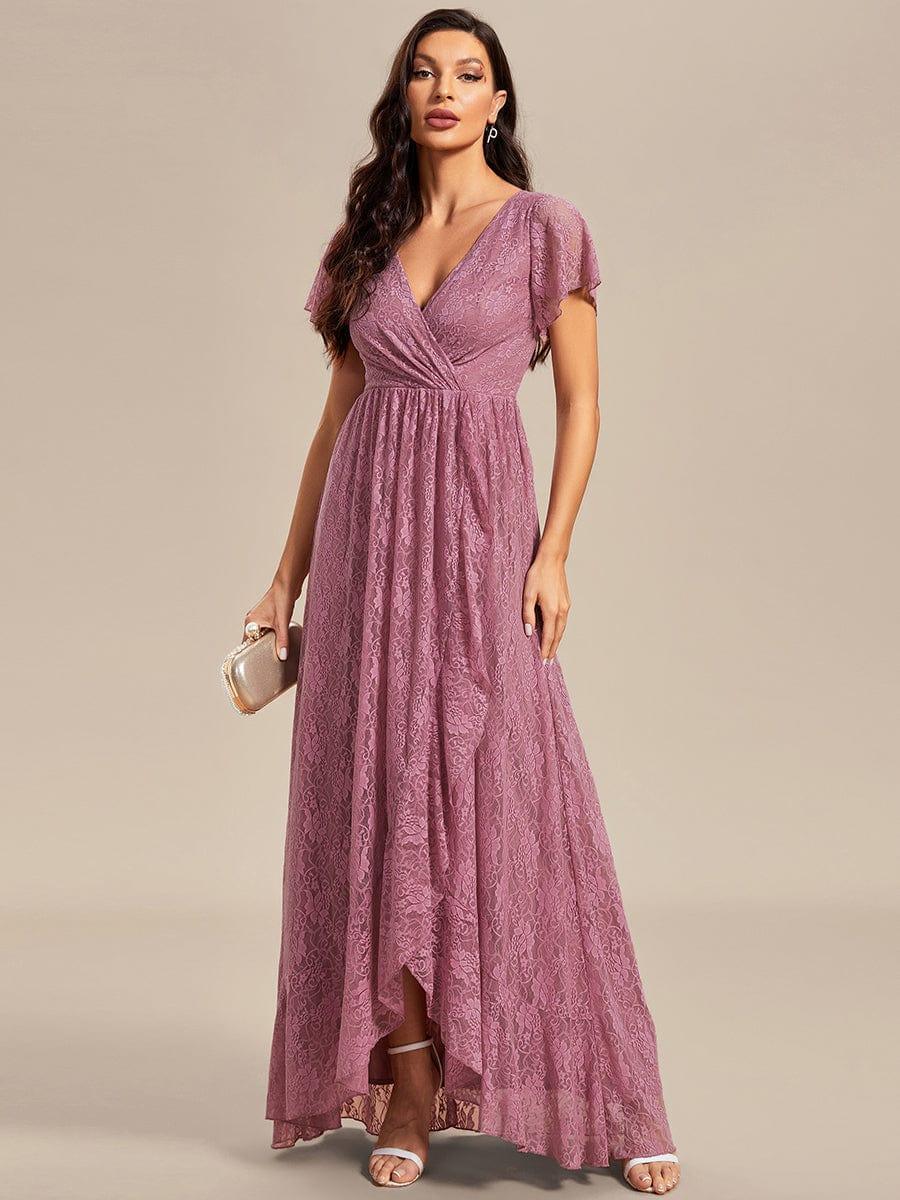 High-Low V-Neck Ruffled Lace Wedding Guest Dress #color_Purple Orchid