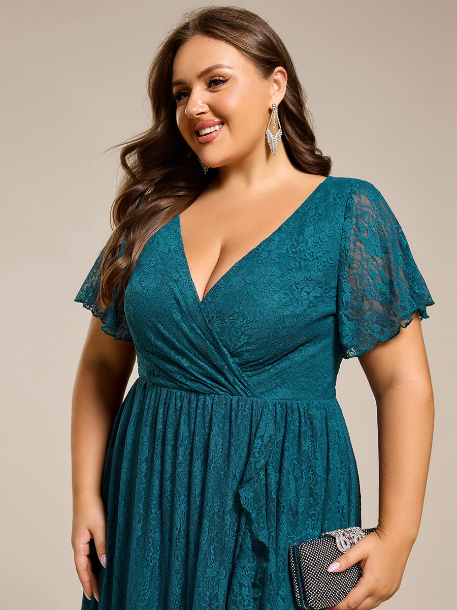 Pleated V-Neck Short Sleeve Ruffled Lace Evening Dress #color_Teal