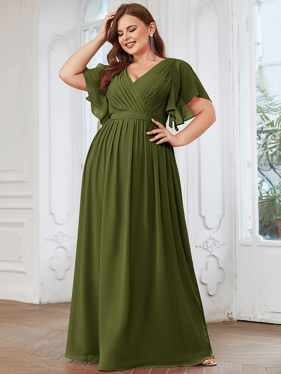 Plus Size Pleated Tie-Waist Chiffon Bridesmaid Dress #color_Olive Green