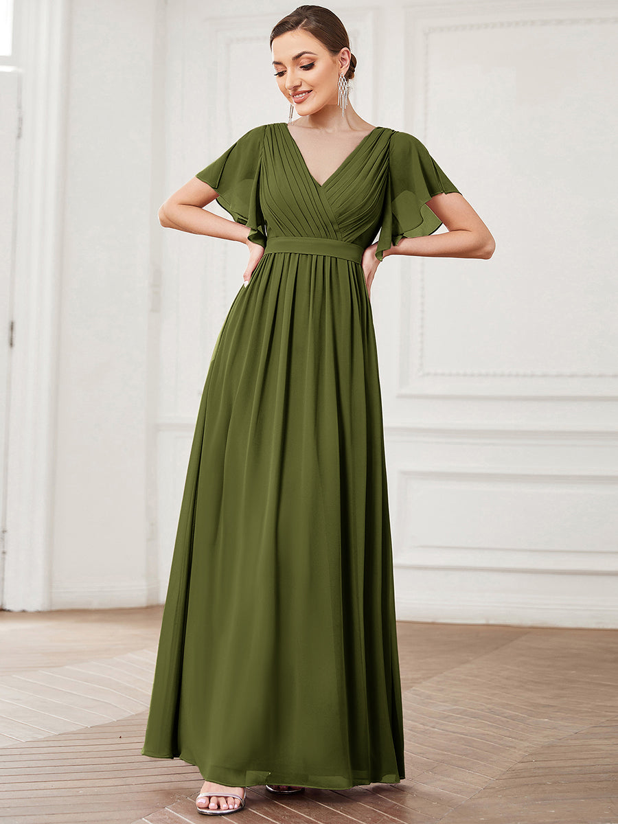 A-Line Pleated Chiffon Tie-Waist Bridesmaid Dress #color_Olive Green