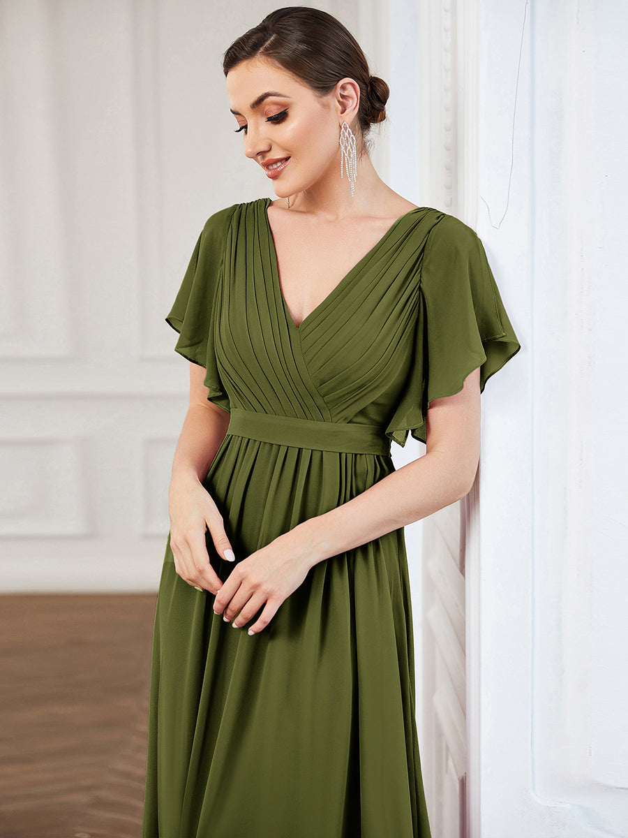 A-Line Pleated Chiffon Tie-Waist Bridesmaid Dress #color_Olive Green