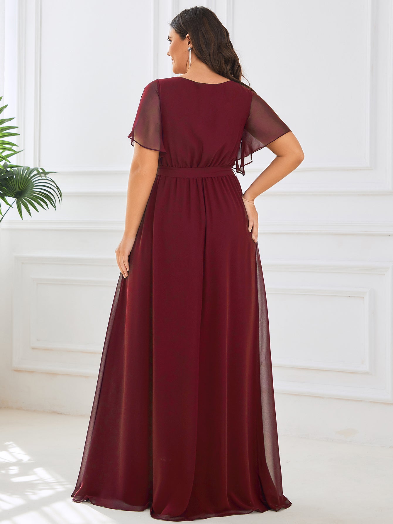Plus Size Pleated Tie-Waist Chiffon Bridesmaid Dress #color_Burgundy