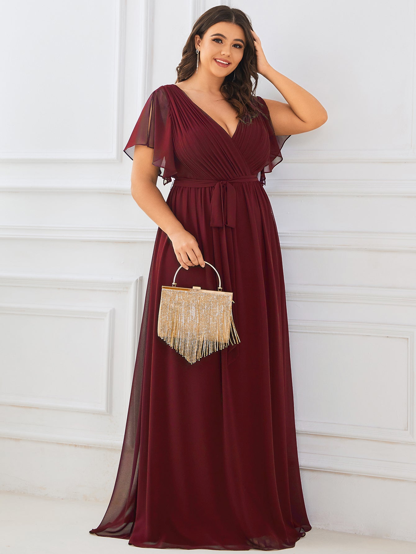 Plus Size Pleated Tie-Waist Chiffon Bridesmaid Dress #color_Burgundy