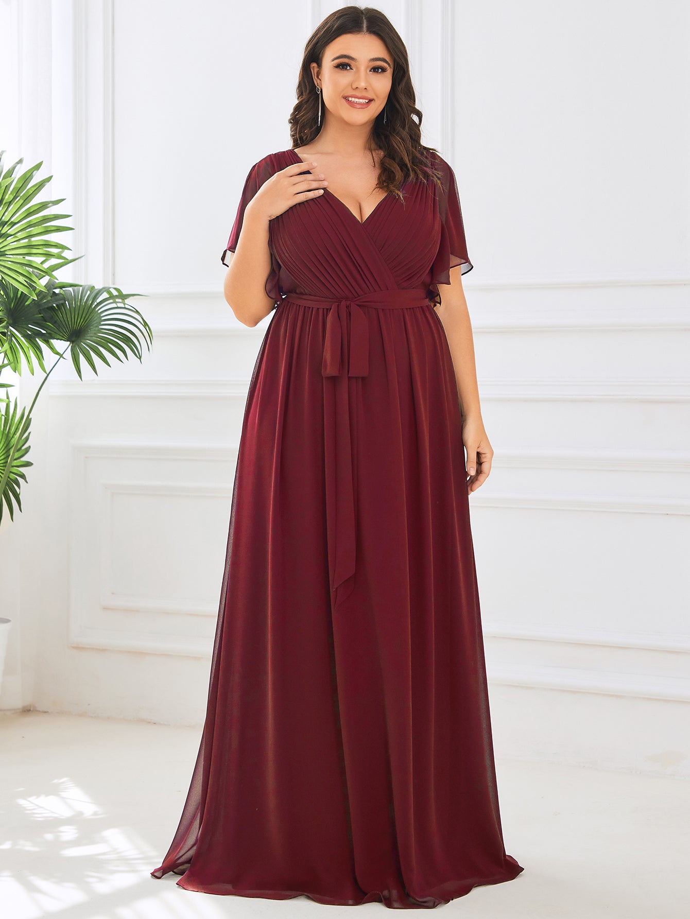 Plus Size Pleated Tie-Waist Chiffon Bridesmaid Dress #color_Burgundy