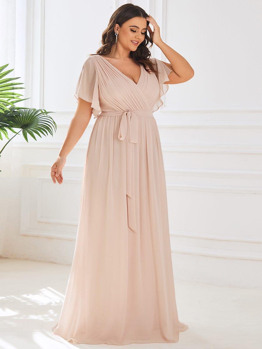 Plus Size Ruffle Pleated Chiffon Tie-Waist Evening Dress #color_Blush