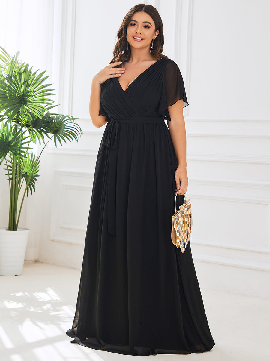 Plus Size Pleated Tie-Waist Chiffon Bridesmaid Dress #color_Black