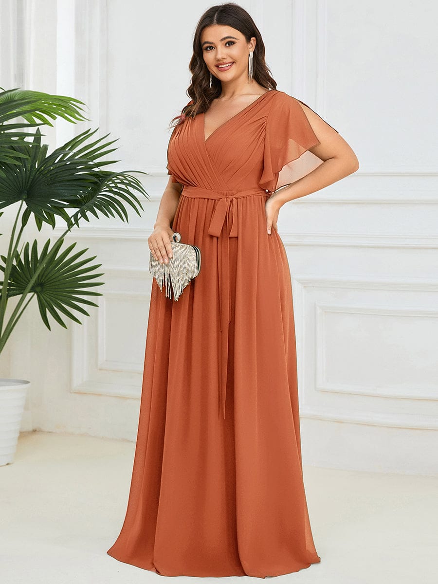 Plus Size Ruffle Pleated Chiffon Tie-Waist Evening Dress #color_Brandied Melon